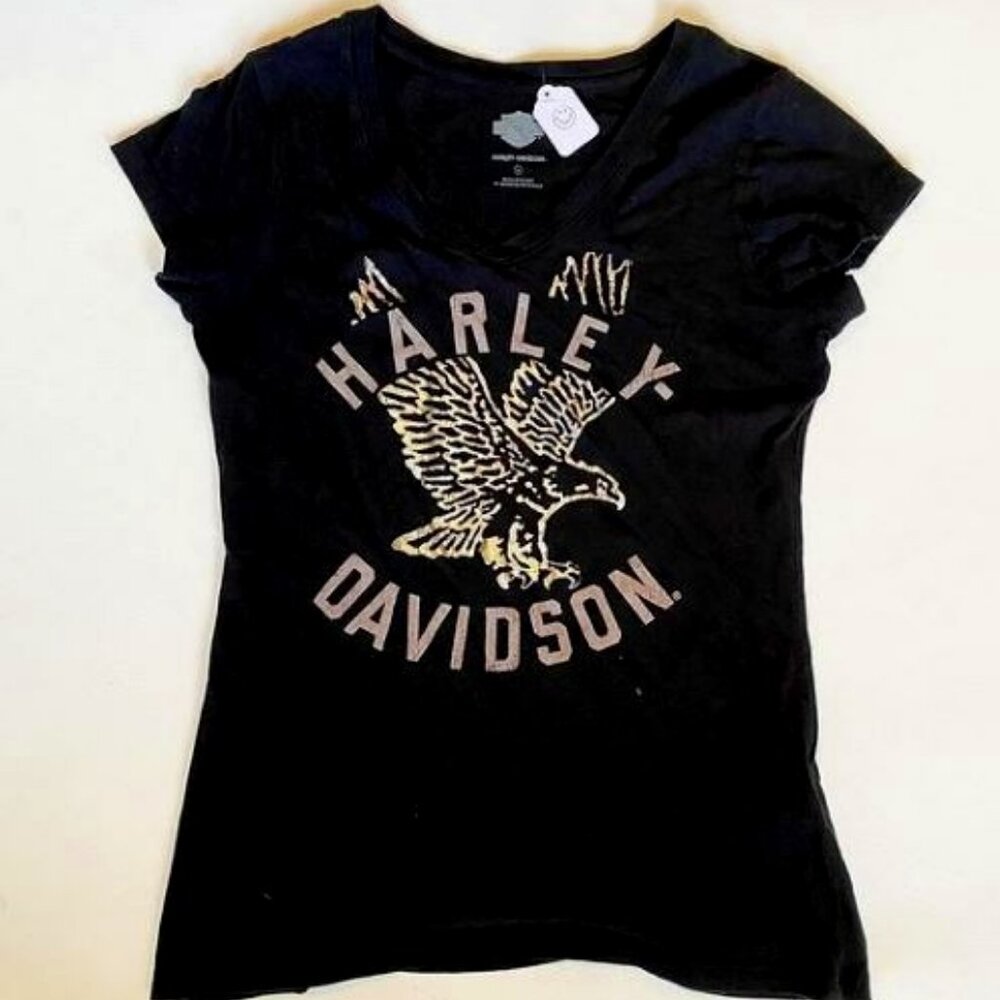 Vintage Harley Davidson Metallic Print Grunge V Neck T Shirt Size Large